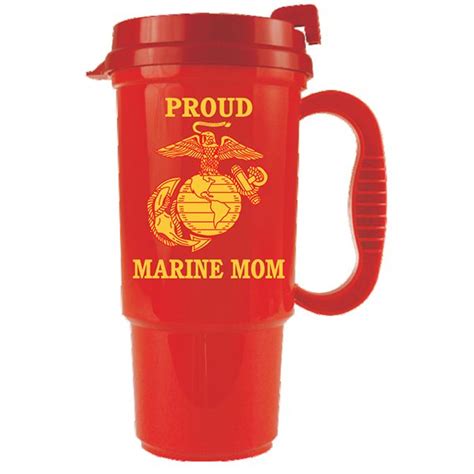 Proud Marine Mom With Ega Emblem On Red Insulated Travel Mug With Red