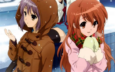 Two Female Anime Character Wearing Brown And Pink Winter Coat Digital
