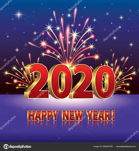 Happy New Year 2020 Greeting Card Date Background Fireworks Three Stock