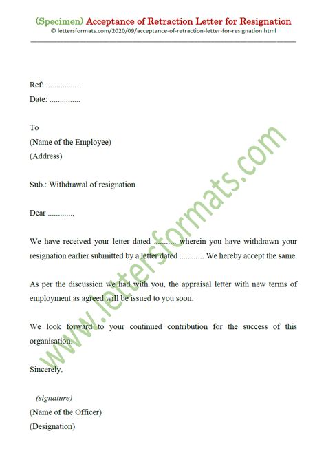 Retraction Letter Of Resignation Sample
