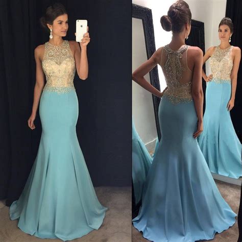 Gorgeous Beaded Halter Light Blue Satin Prom Dresses Mermaid Blue