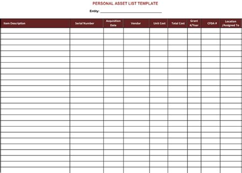 Free Asset List Template Printable Templates