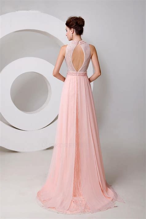 A Line Beaded Long Pink Chiffon And Lace Prom Evening Formal Party