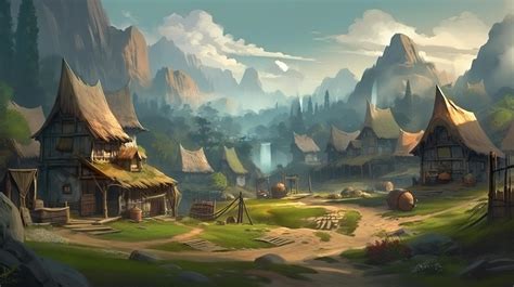 Village Fantasy Backdrop Concept Art Realistic Illustration Background