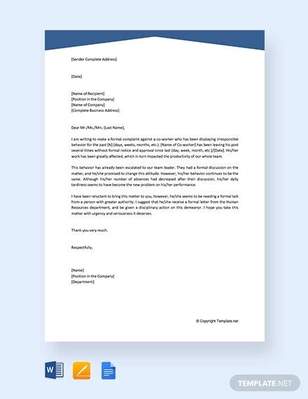 The letter serves as a written notice to someone to let them know your intent to seek damages for either personal injuries or incomplete or unsatisfactory work on a specific project. 14+ Formal Complaint Letter Templates - PDF, Word, Google Docs | Free & Premium Templates