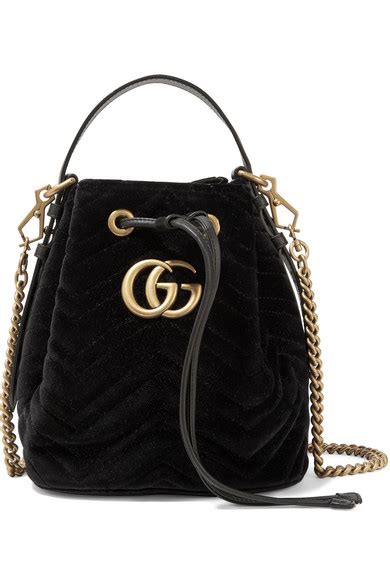 Gucci Gg Marmont Leather Trimmed Quilted Velvet Bucket Bag In Black