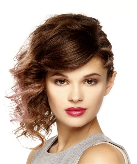 Medium Wavy Casual Asymmetrical Updo Hairstyle With Side Swept Bangs