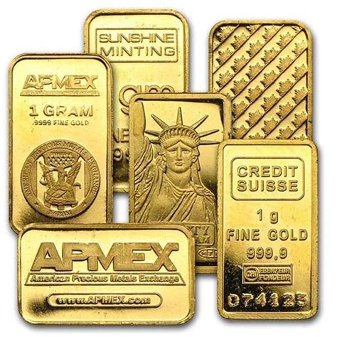 Six 1 Gram 9999 Pure Gold Bars Assorted Mints