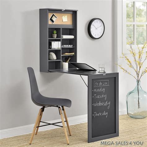 Fold the keyboard up and swing the arm out of the way when you need your desk surface. Wall Fold Out Desk Grey Wood Table Shelving Unit ...