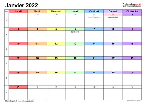 Calendrier Janvier 2022 Excel Word Et PDF Calendarpedia