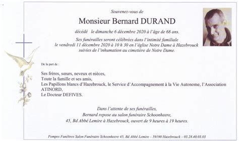 Avis De D C S Monsieur Bernard Durand Pompes Fun Bres Schoonheere