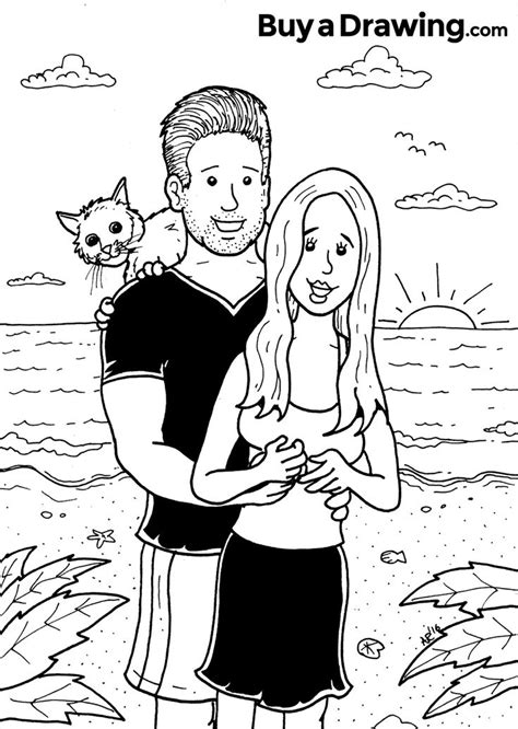 Cartoon Drawing Of A Couple On The Beach With Their Cat Cartoon