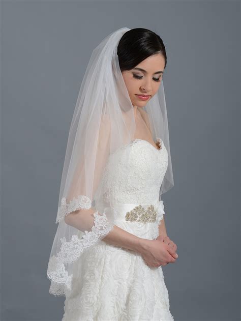 2 Tier Ivory Elbow Alencon Lace Wedding Veil V042 V042