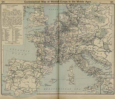 Ecclesiastical Map Of Western Europe In The Middle Ages Vintage Maps