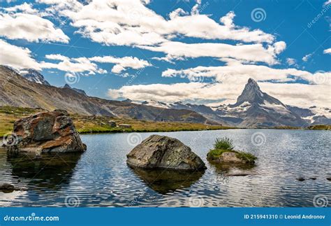 Matterhorn With Reflection In Stellisee Lake Switzerland Stock Photo