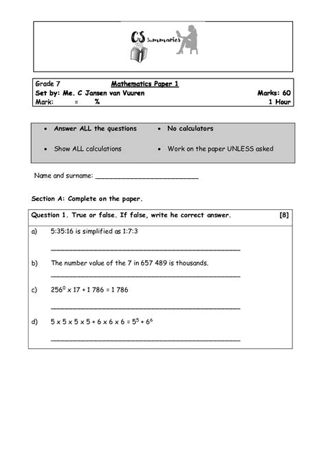 Grade 7 Mathematics Test Paper 1 Term 1 Memorandum Included • Teacha