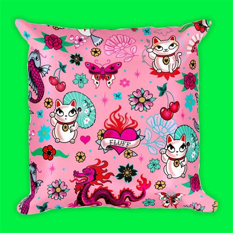 A Super Cute Pillow Featuring Lucky Cats Inspired By Japanese Maneki Neko Figurines A Vibrant