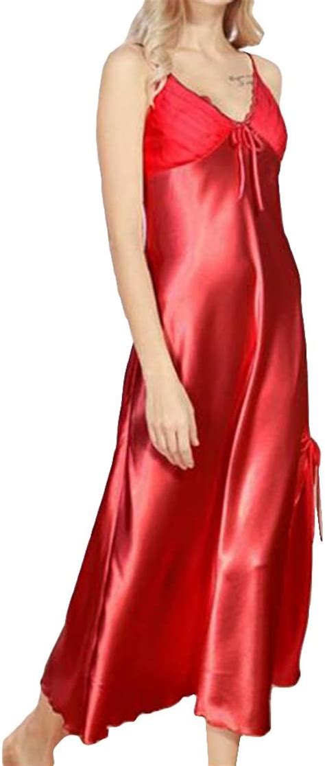 Hibote Long Women Night Dress Sexy Lace Nightgown Silk Satin Nightdress Night Gown Nightwear Red