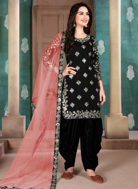 Shop Designer Patiala Salwar Kameez Zari Art Silk In Black Online
