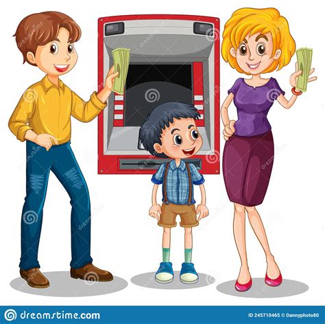 Atm Machine With People Cartoon Character Stock Vector Illustration