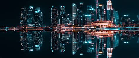 Download Wallpaper 2560x1080 Night City Buildings Reflection Lake