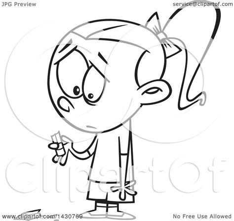 Clipart Of A Cartoon Black And White Lineart Sad Girl Holding A Broken