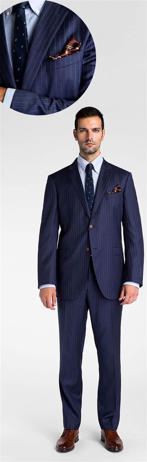 17999 Blue Stripes Tailored Fit Wool Polyester Suit Slim Notch