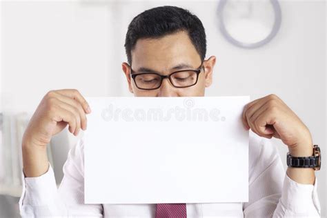 Sad Businessman Shows White Paper Copyspace Stock Image Image Of