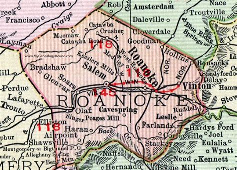 An Old Map Shows The Location Of Roatanoke And Its Surrounding Towns In Red