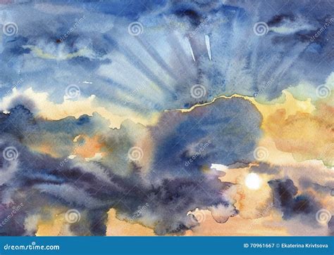 Watercolor Abstract Background Sunset Sky With Clouds Stock