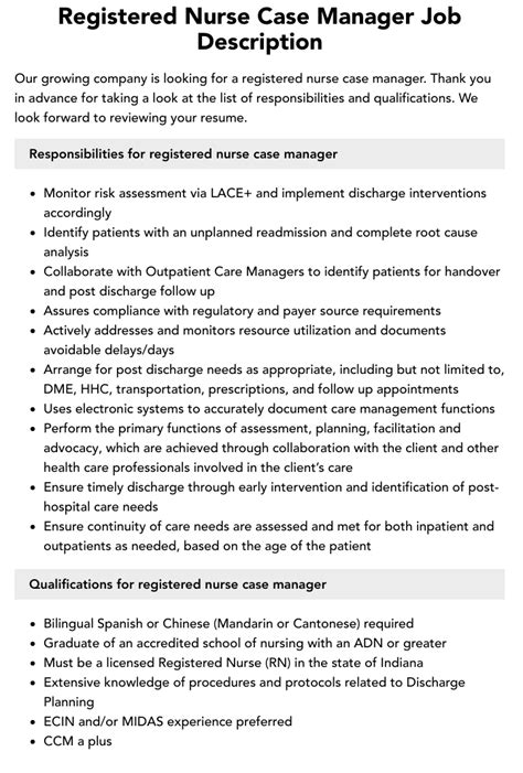 Registered Nurse Case Manager Job Description Velvet Jobs