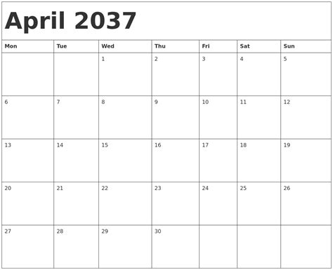 April 2037 Calendar Template