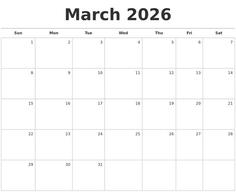 March 2026 Blank Monthly Calendar