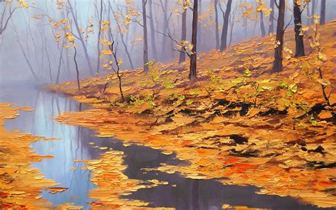 1366x768 Graham Gercken Painting Fall Puddle Leaves Trees Wallpaper