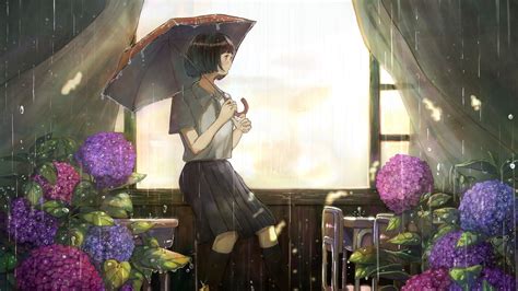 Download Wallpaper 1920x1080 Girl Umbrella Rain Garden Anime Art