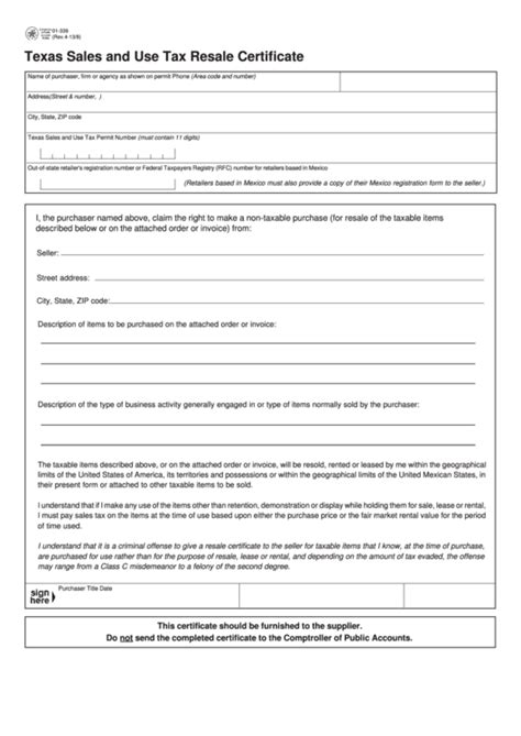 Texas Sales And Use Tax Exemption Form 01 339