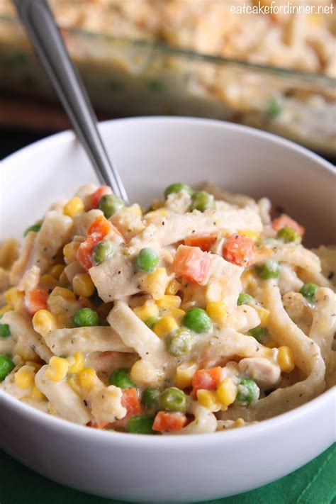 This classic comfort food is finished off with a potato chip topping. Eat Cake For Dinner: Creamy Chicken Noodle Casserole