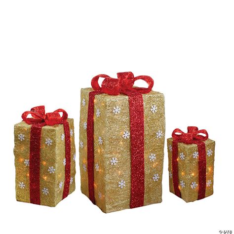 Northlight Set Of 3 Pre Lit Gold Sisal T Boxes With Red Bows