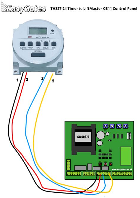 The circuit diagram (also known as an elementary diagram; Wiring Diagram for Connecting TH827-24 Timer to LiftMaster CB11 - EasyGates Manuals