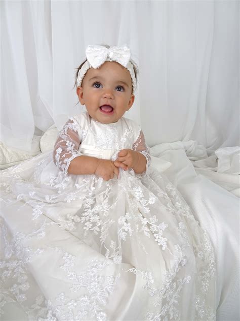 4239b White Lace Girls Silk Christening Gown Delicate Elegance