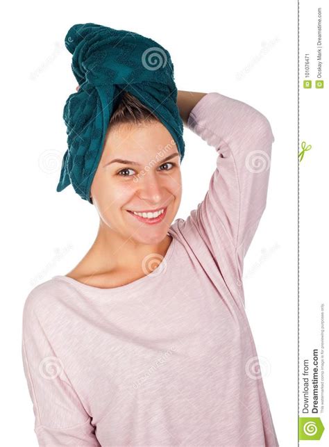 Smiling Woman With Towel On Head Stock Image Image Of Hygiene Lotion