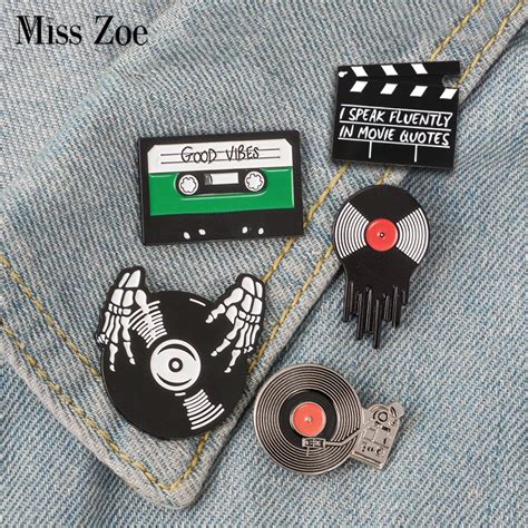 punk music lovers enamel pin good vibes tape dj vinyl record player badge brooch lapel pin jeans