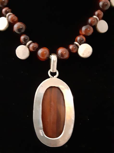 Handmade Red Tiger Eye And Sterling Silver Oval Pendant Etsy