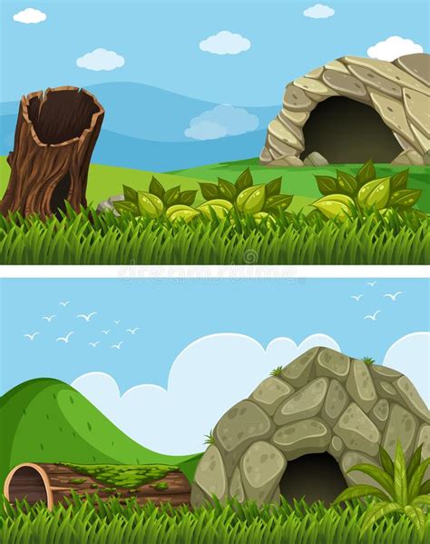 Two Scenes With Cave In The Field Stock Vector Illustration Of Scene