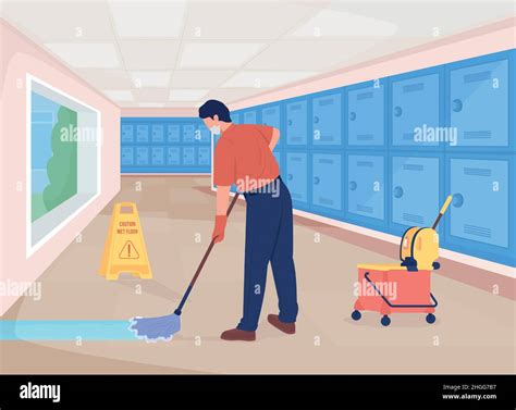 Cleaning School Hall Flat Color Vector Illustration Stock Vector Image