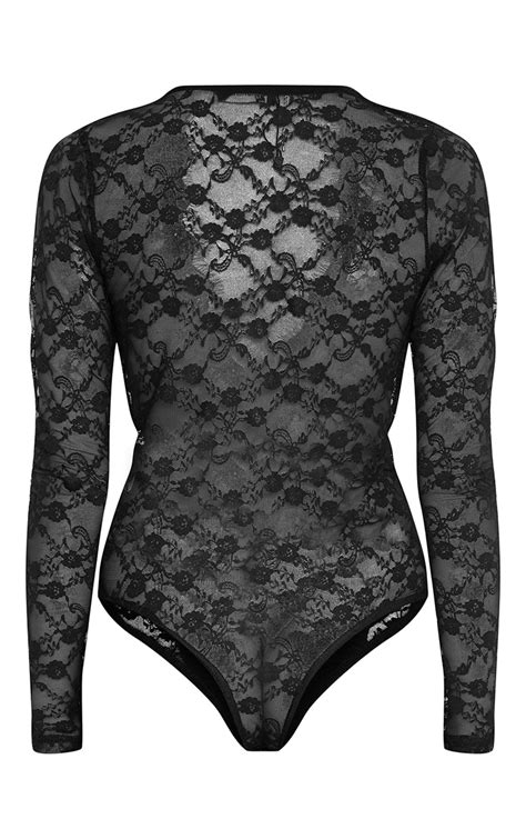 Black Delicate Sheer Lace Plunge Thong Bodysuit Tops