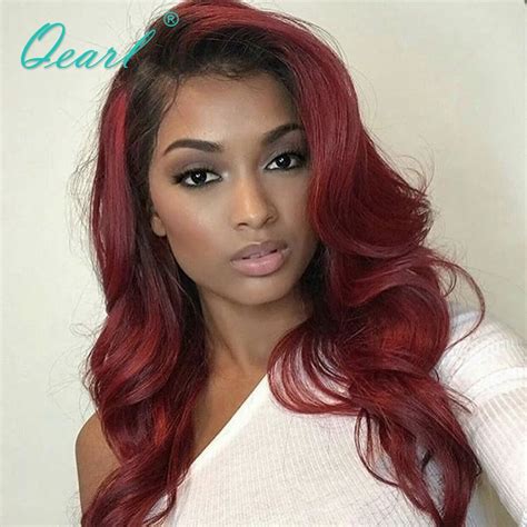 Lace Front Human Hair Wigs Dark Roots Red Burgundy Color Brazilian Wavy
