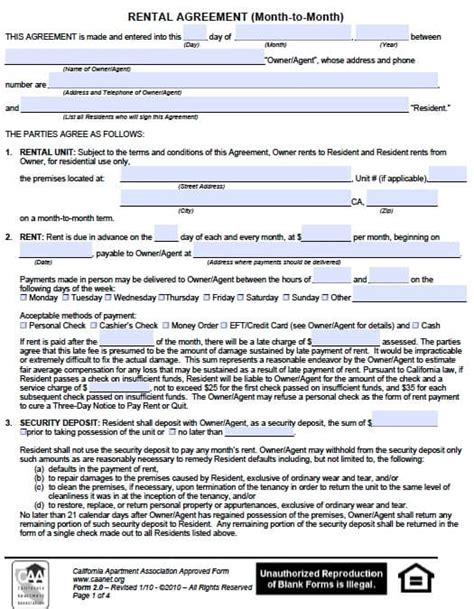 Free Printable Month-to-month Rental Agreement California
