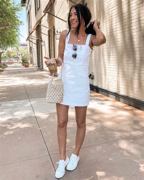 White Dress White Tennis Shoes Bucket Bag Summer Style Tennis Shoe Outfits Summer