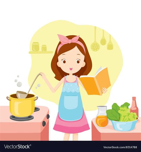 Girl Cooking Soup With Cookbook Royalty Free Vector Image Kitchen